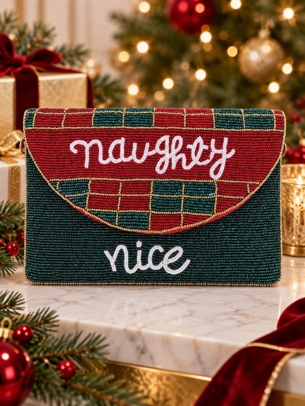 Naughty or Nice Christmas Holiday Beaded Crossbody Clutch Bag Handbag NEW